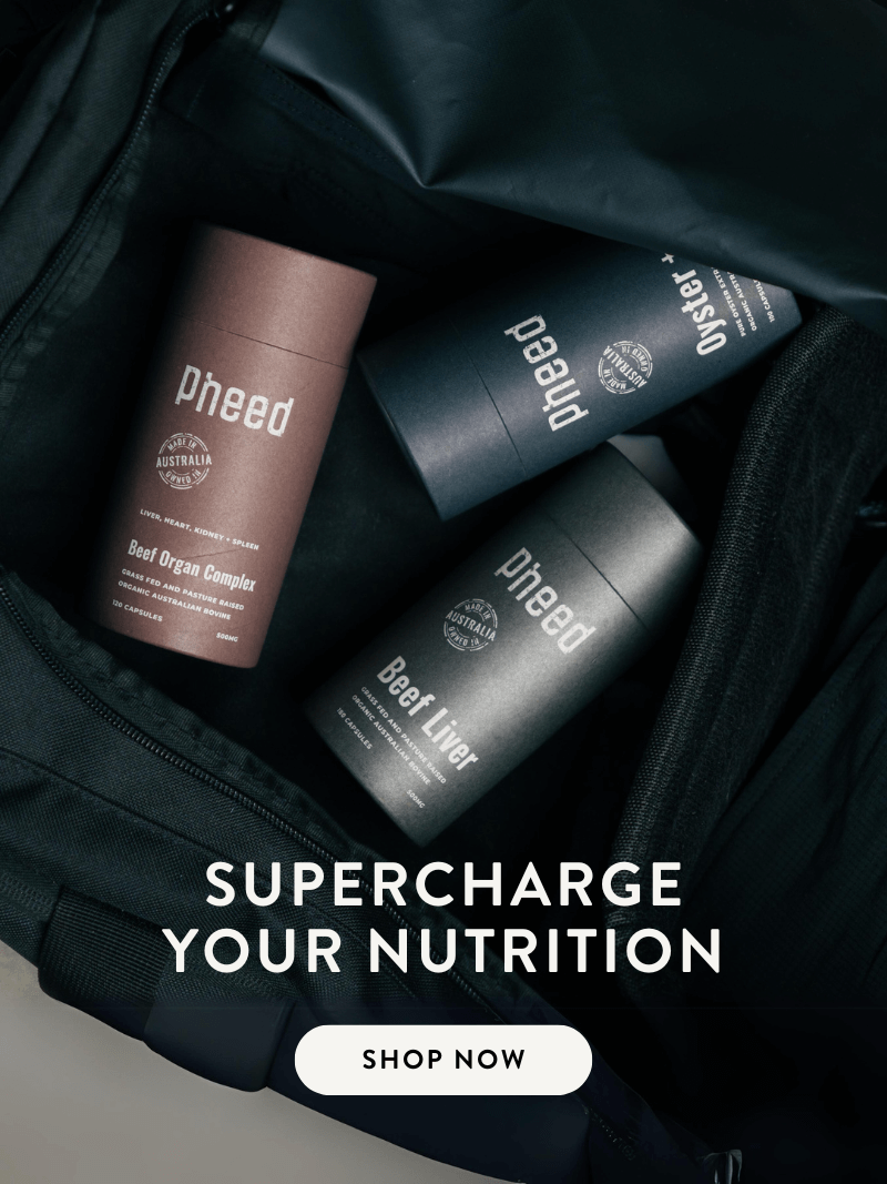 Pheed supplement bottles and powders arranged in black gym bag