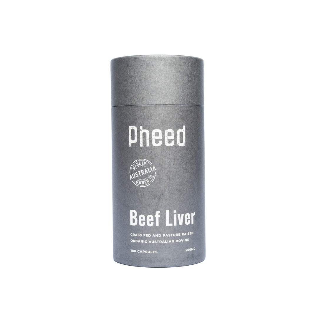 Gray cylindrical container containing beef liver capsules with 'Pheed' branding on a white background