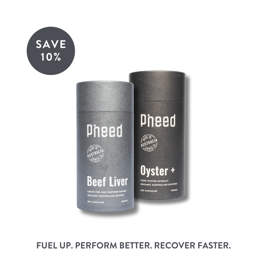 Two cylindrical containers, one labeled 'Pheed Beef Liver' and the other 'Pheed Oyster', with a promotional offer of 'SAVE 10%' and phrases encouraging healthier performance.