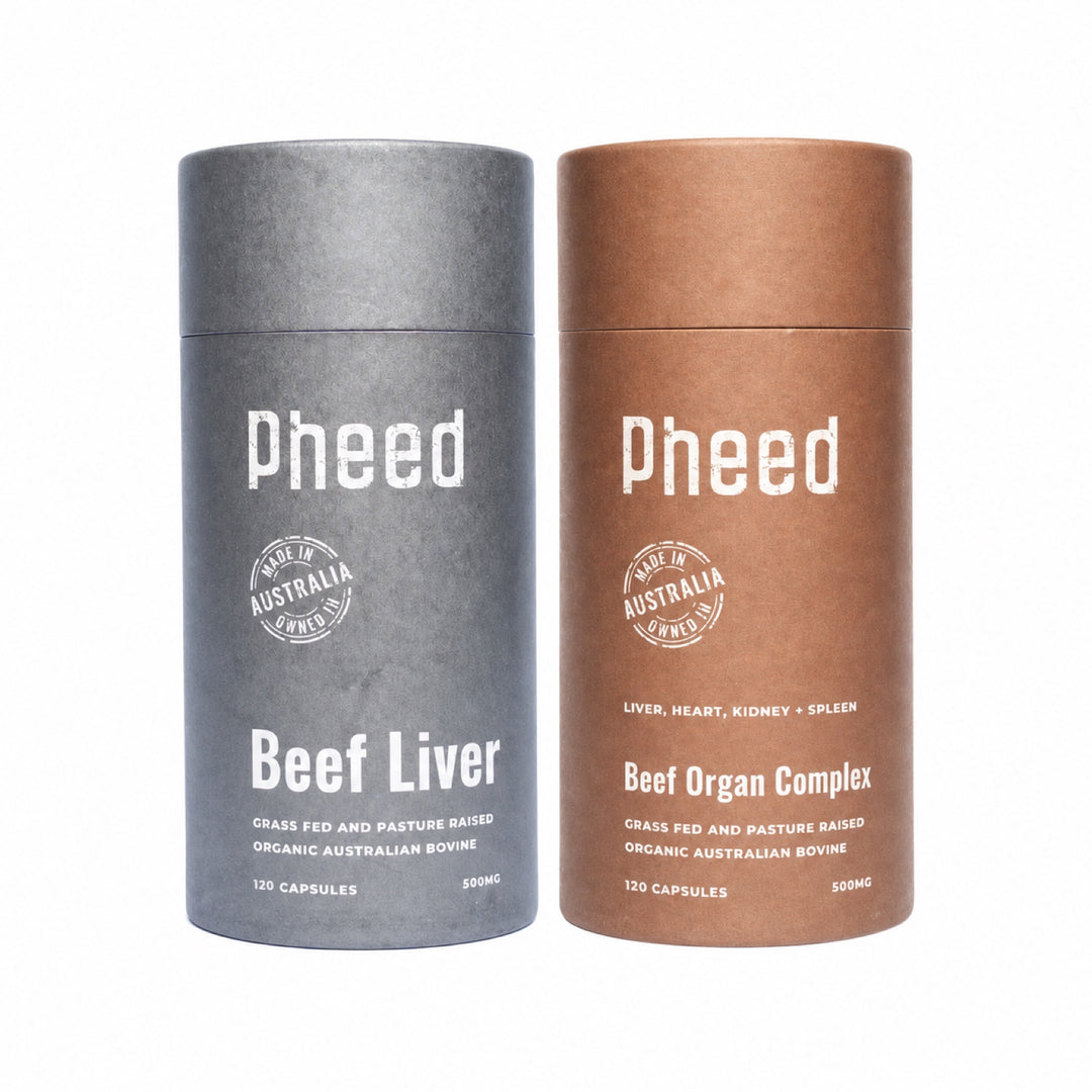 Pheed Big Beef Bundle with Beef Liver and Beef Organ Complex tubes standing side by side on a white background.