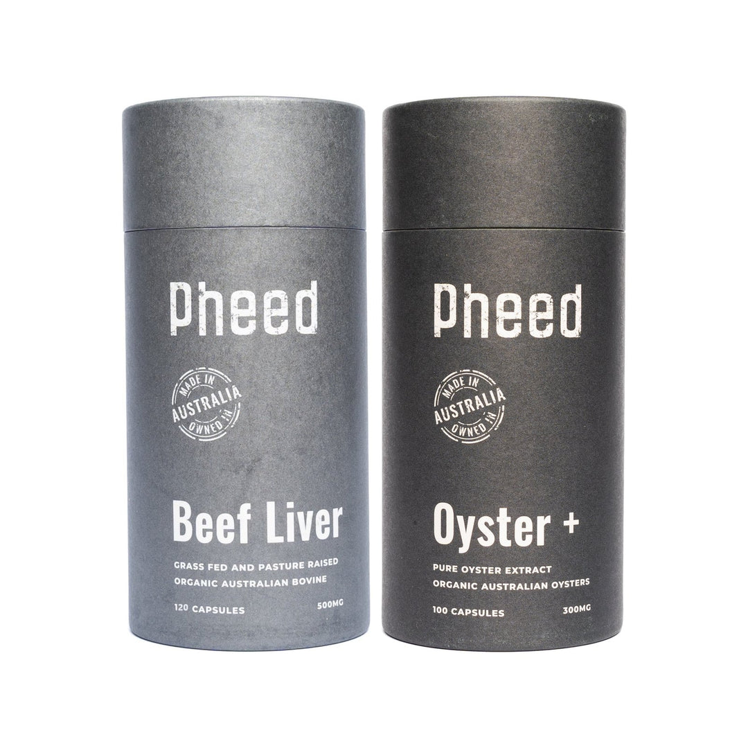 Pheed Performance Pack with Australian Beef Liver and Oyster+ supplement capsules.