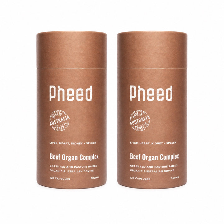 Two-bottle bundle of Pheed Beef Organ Complex capsules.
