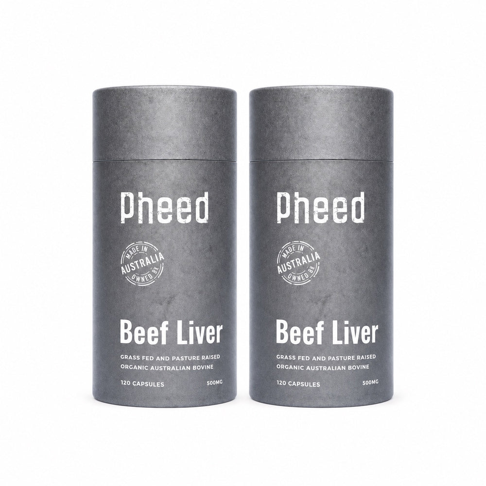 Two Pheed Beef Liver Capsules bottles on a white background, 120 capsules per bottle.