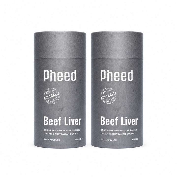 Two Pheed Beef Liver Capsules bottles on a white background, 120 capsules per bottle.