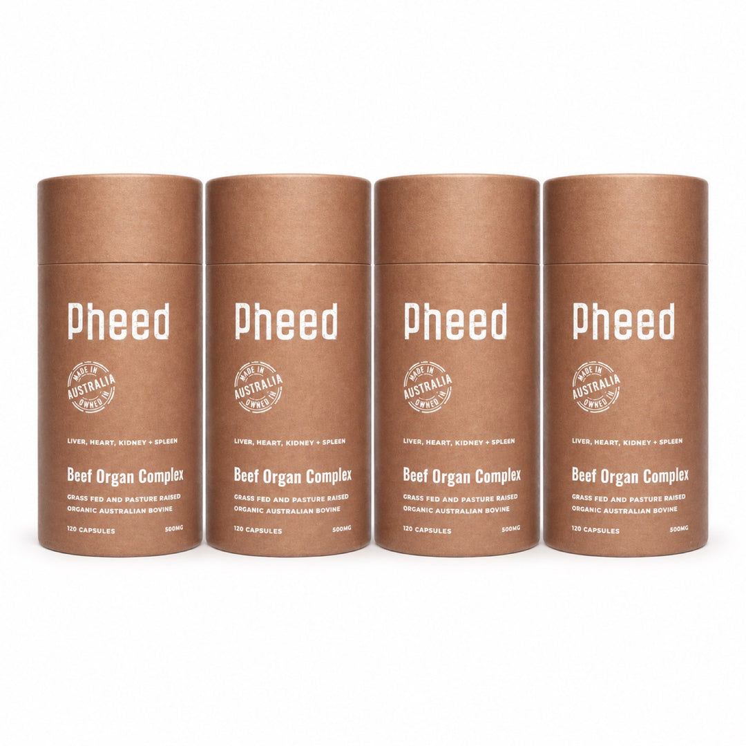 Four-bottle bundle of Pheed Beef Organ Complex capsules.