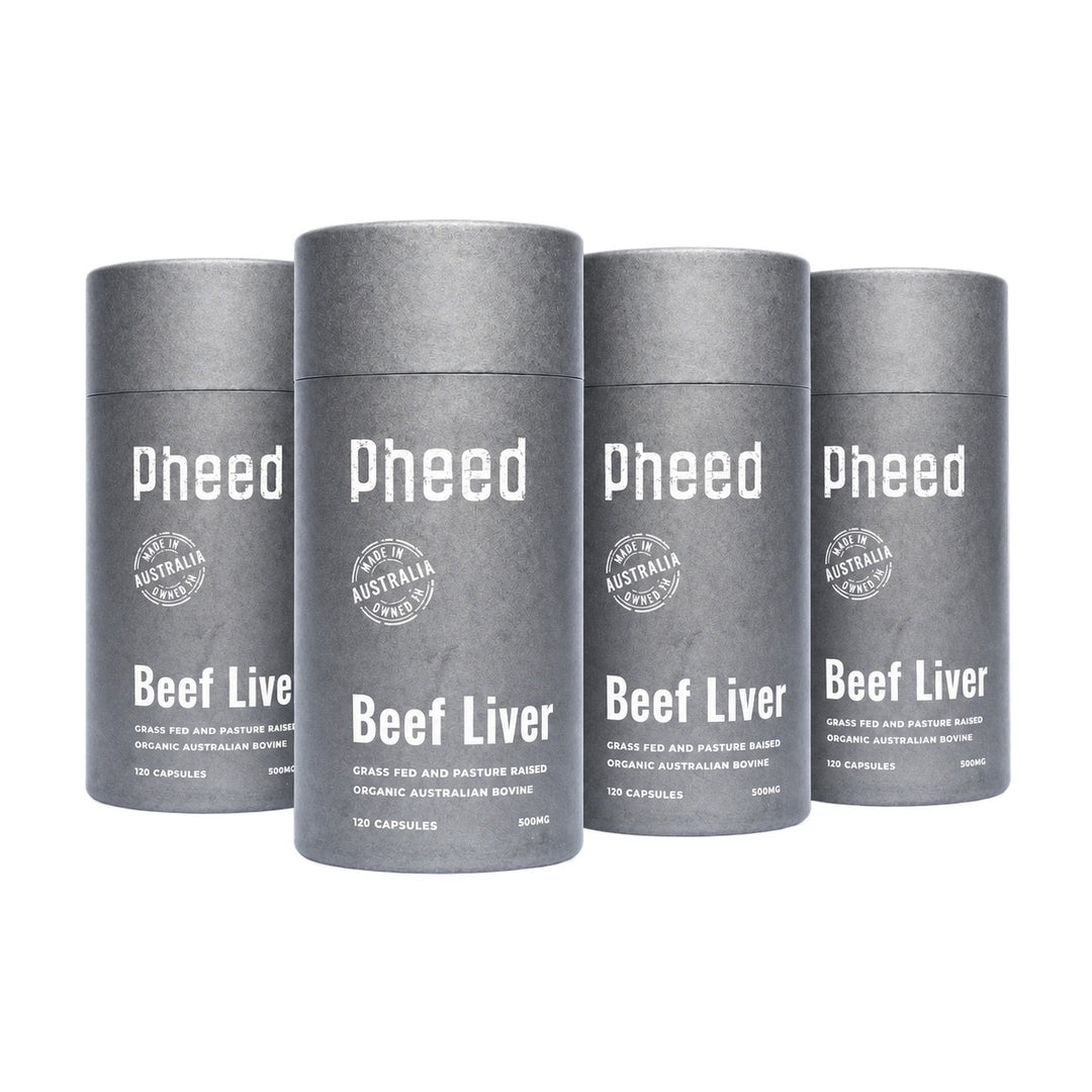 Four Pheed Beef Liver Capsules bottles on a white background, 120 capsules per bottle.