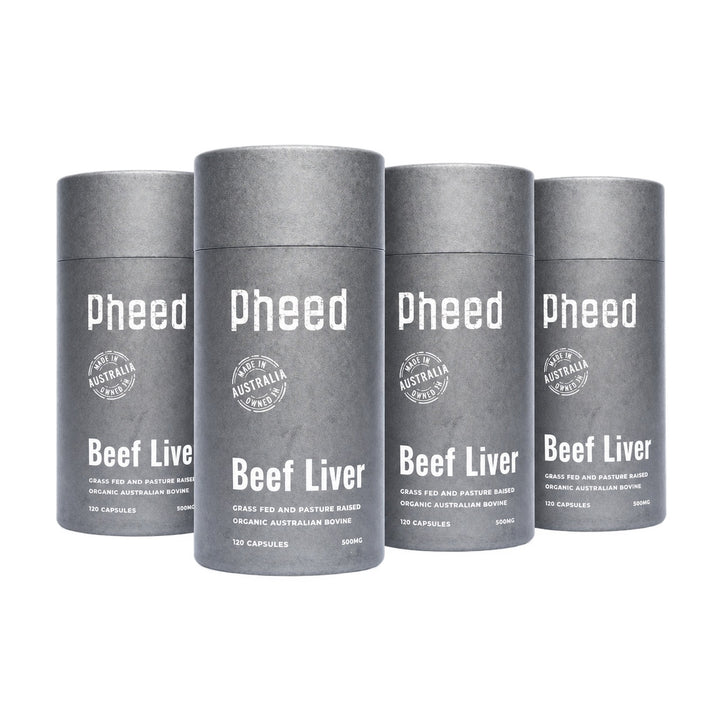 Four Pheed Beef Liver Capsules bottles on a white background, 120 capsules per bottle.