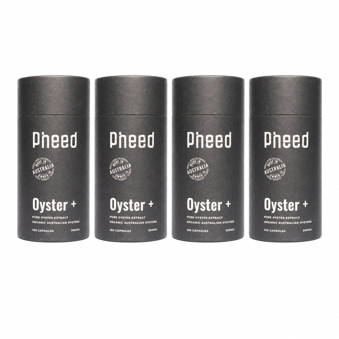 Four Pheed Oyster+ capsule bottles arranged in a row on a white background.