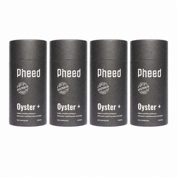 Four Pheed Oyster+ capsule bottles arranged in a row on a white background.