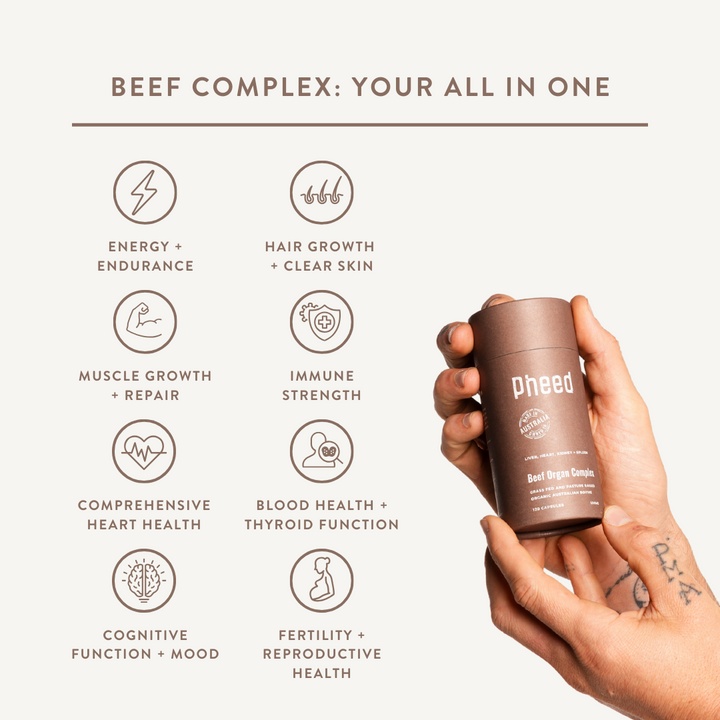 Benefits of Beef Organ Complex: Energy and endurance, hair growth and clear skin, muscle growth and repair, immune strength, heart health, blood and thyroid function, cognitive function and mood, fertility and reproductive health