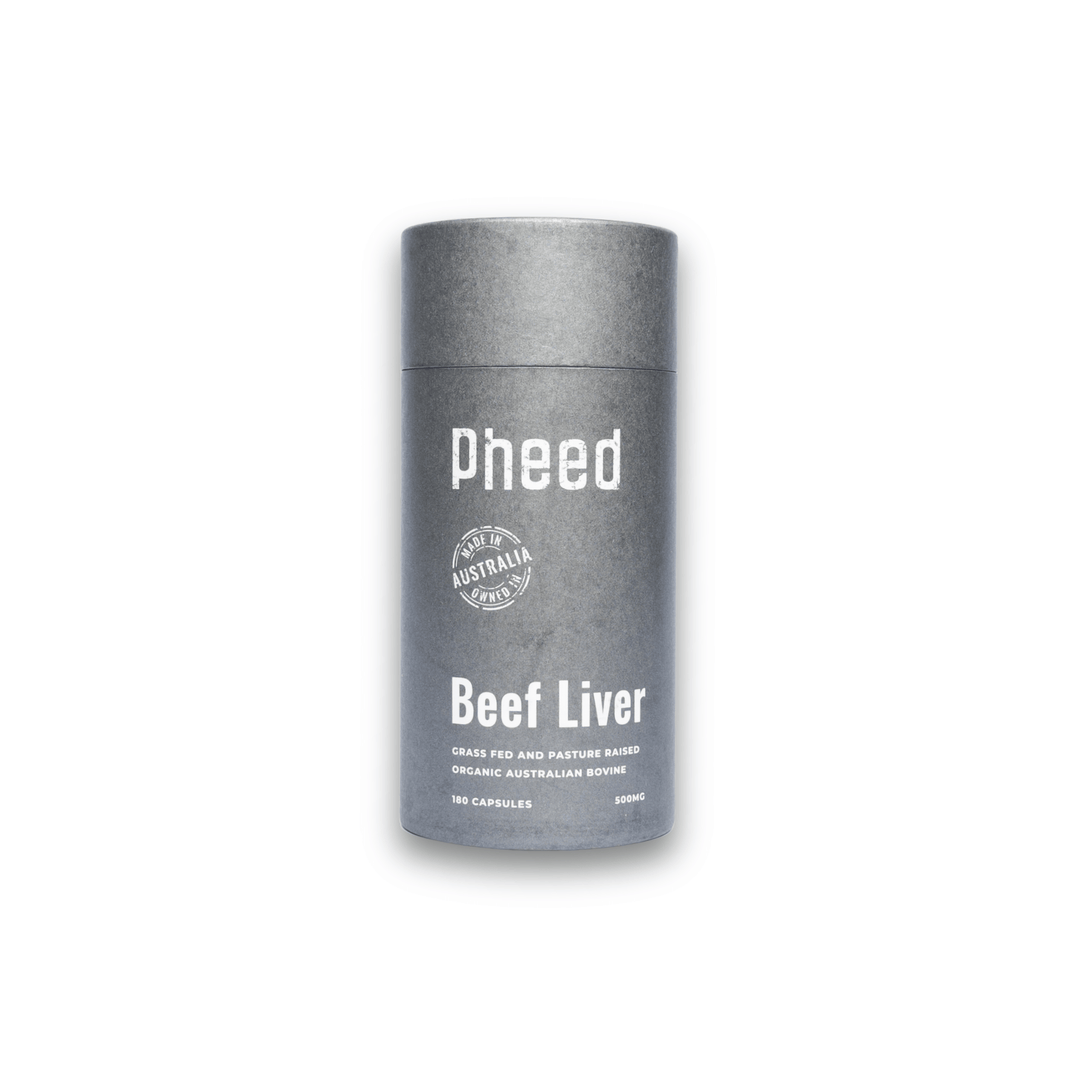 Container of beef liver capsules labeled 'pheed Beef Liver' on a white background