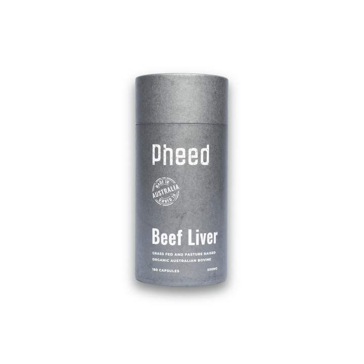 Container of beef liver capsules labeled 'pheed Beef Liver' on a white background