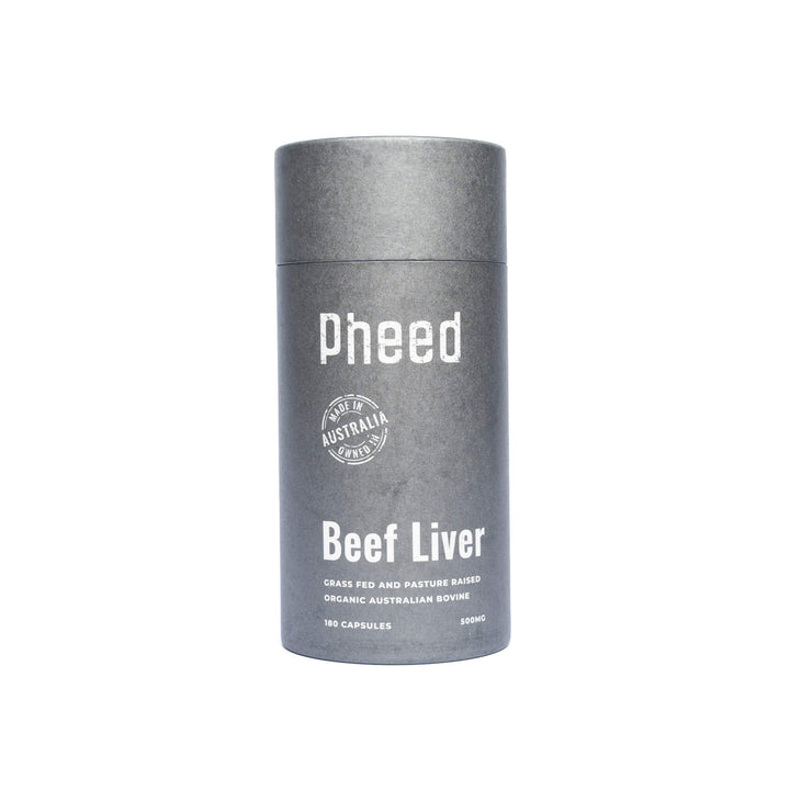 Gray cylindrical container containing beef liver capsules with 'Pheed' branding on a white background