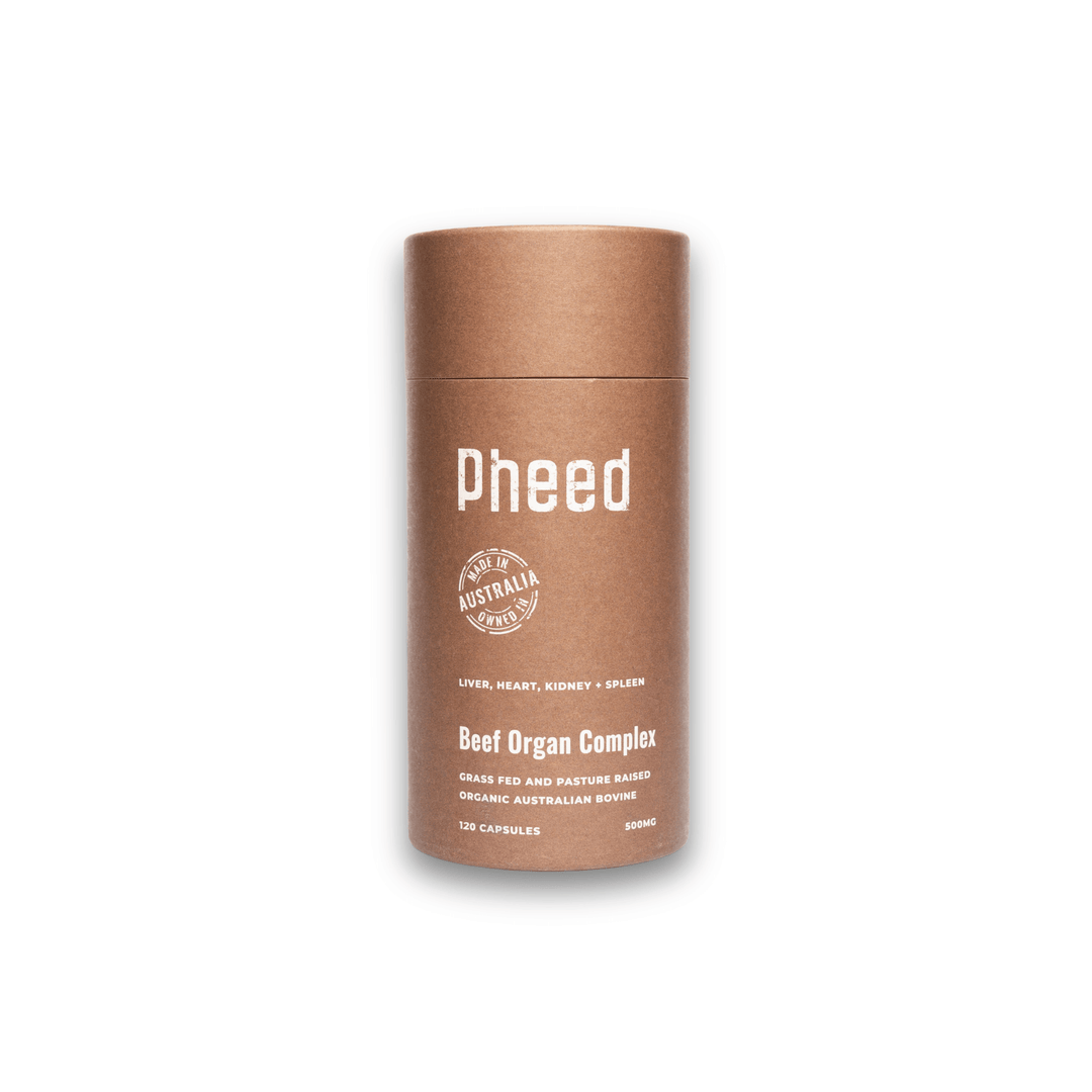 Container of beef organ capsules with 'Pheed' branding on a white background