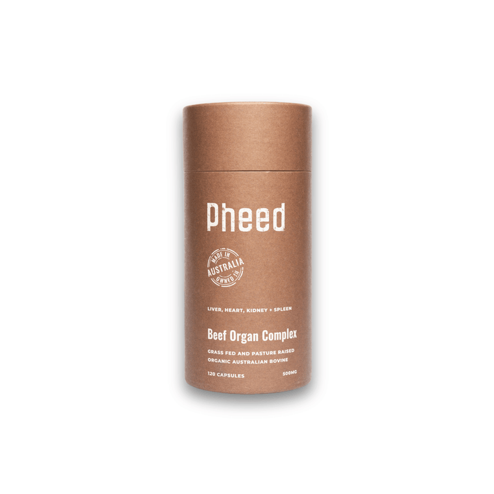 Container of beef organ capsules with 'Pheed' branding on a white background