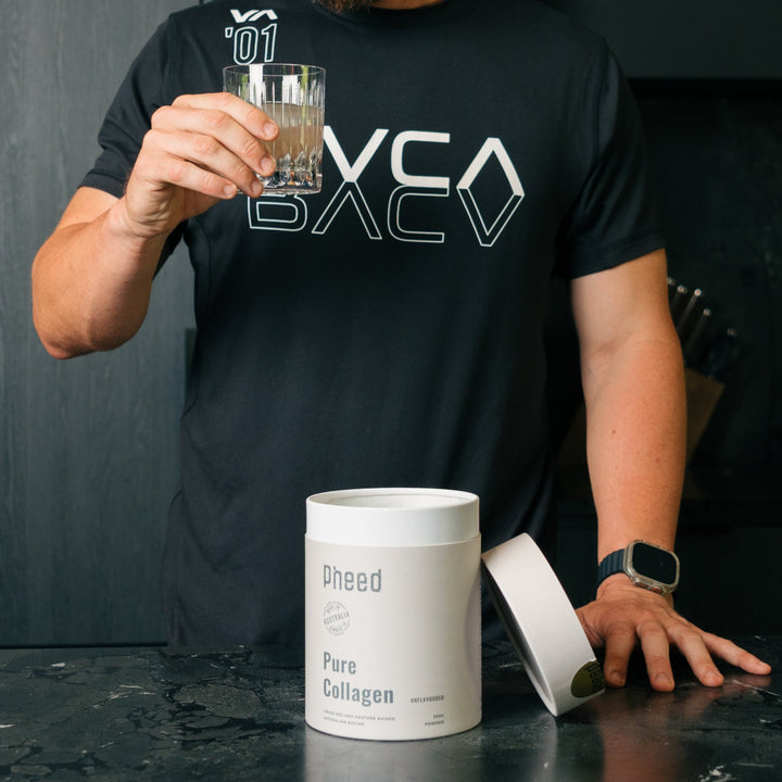 Pure Collagen hydrolysed bovine collagen powder with man holding glass of water and collagen