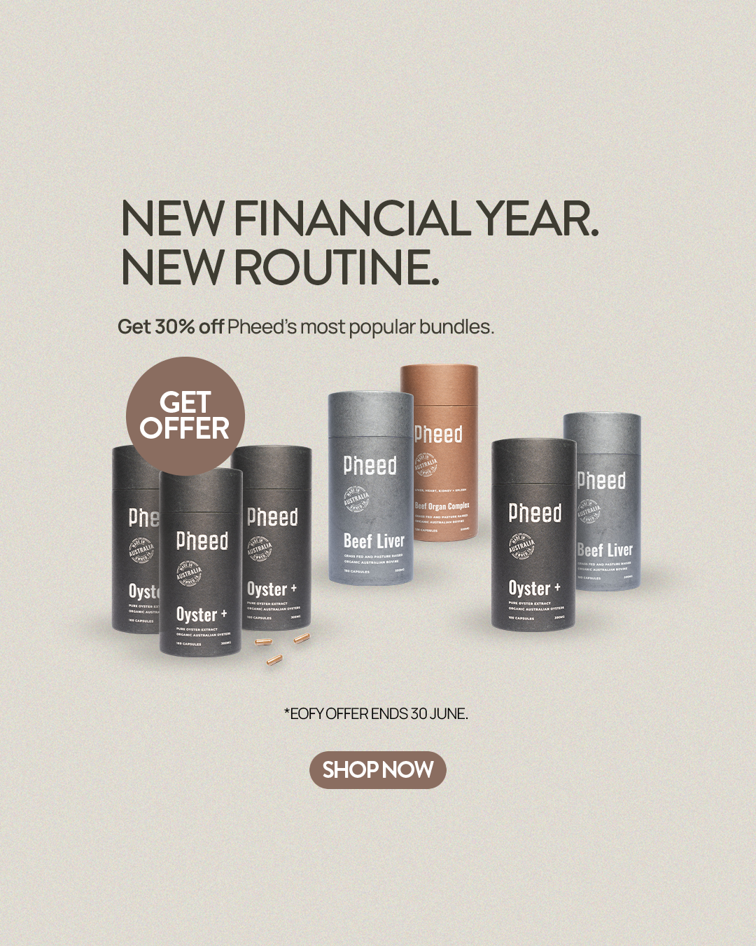Promotional image of Pheed product containers with text about a financial year offer.