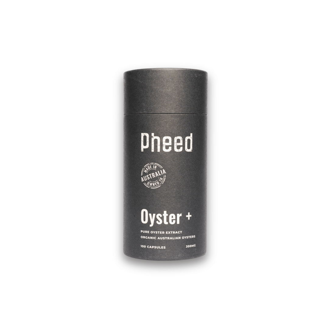 Container of oyster capsules labeled'Pheed Oyster+' on a white background