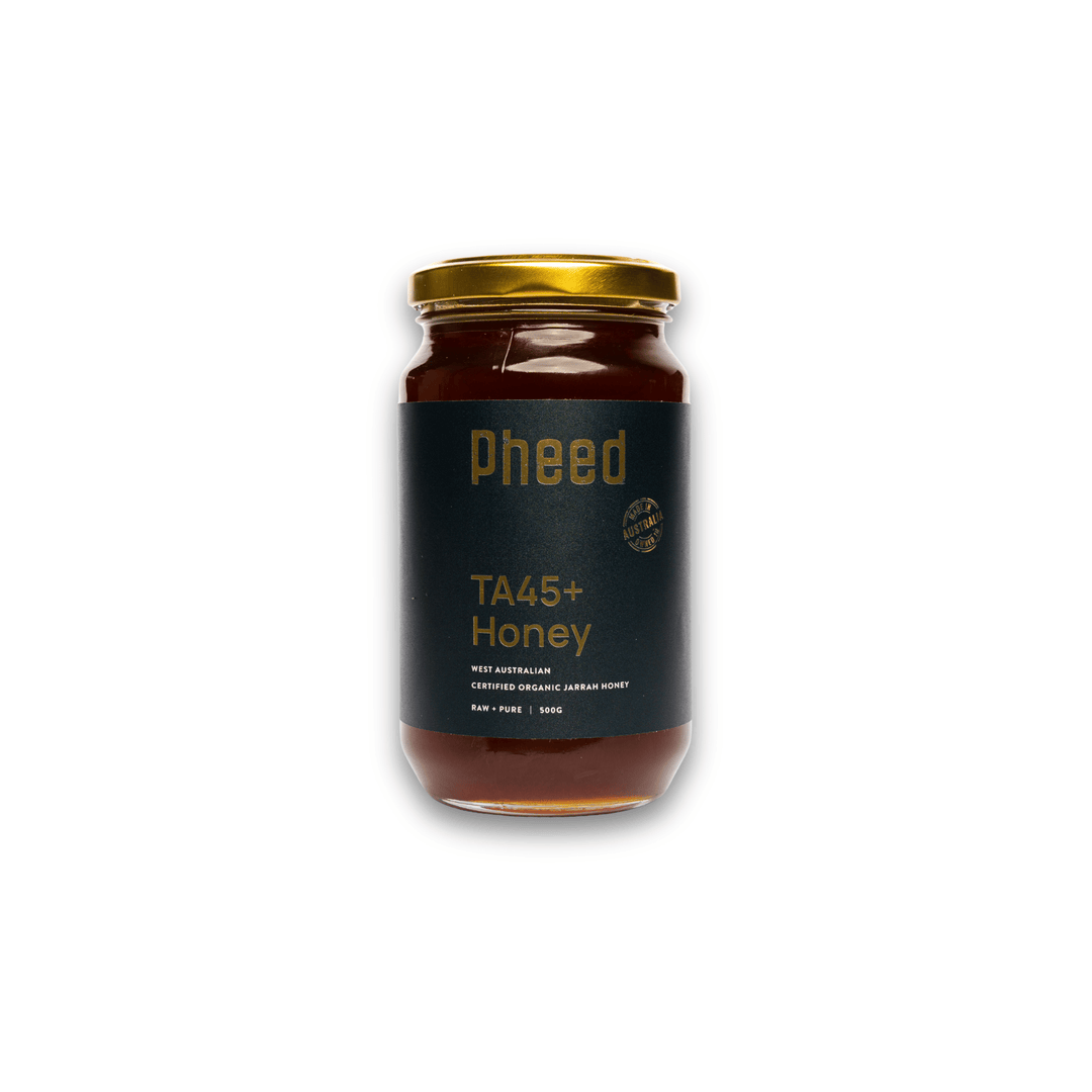 Jar of Pheed TA45+ Honey on a white background