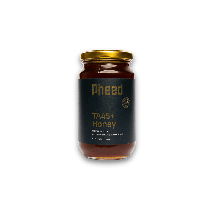 Jar of Pheed TA45+ Honey on a white background